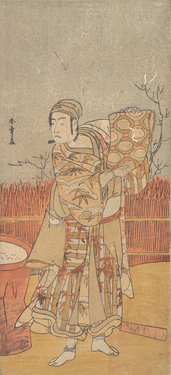 Der Schauspieler Sawamura Sojuro III hält ein Stück Brokat hoch von Shunsho