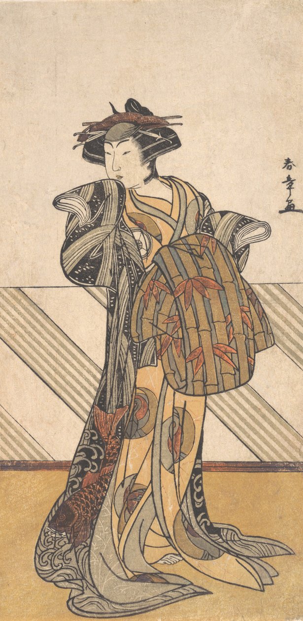 Der vierte Iwai Hanshiro als Kurtisane in einem rosa Kimono, ca. 1778 von Shunsho