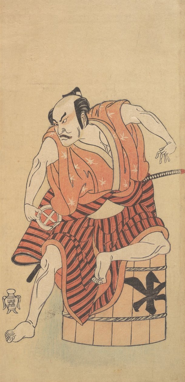 Der dritte Otani Hiroemon als Otokodate auf einem umgedrehten Fass sitzend, 1768 oder 1769 von Shunsho