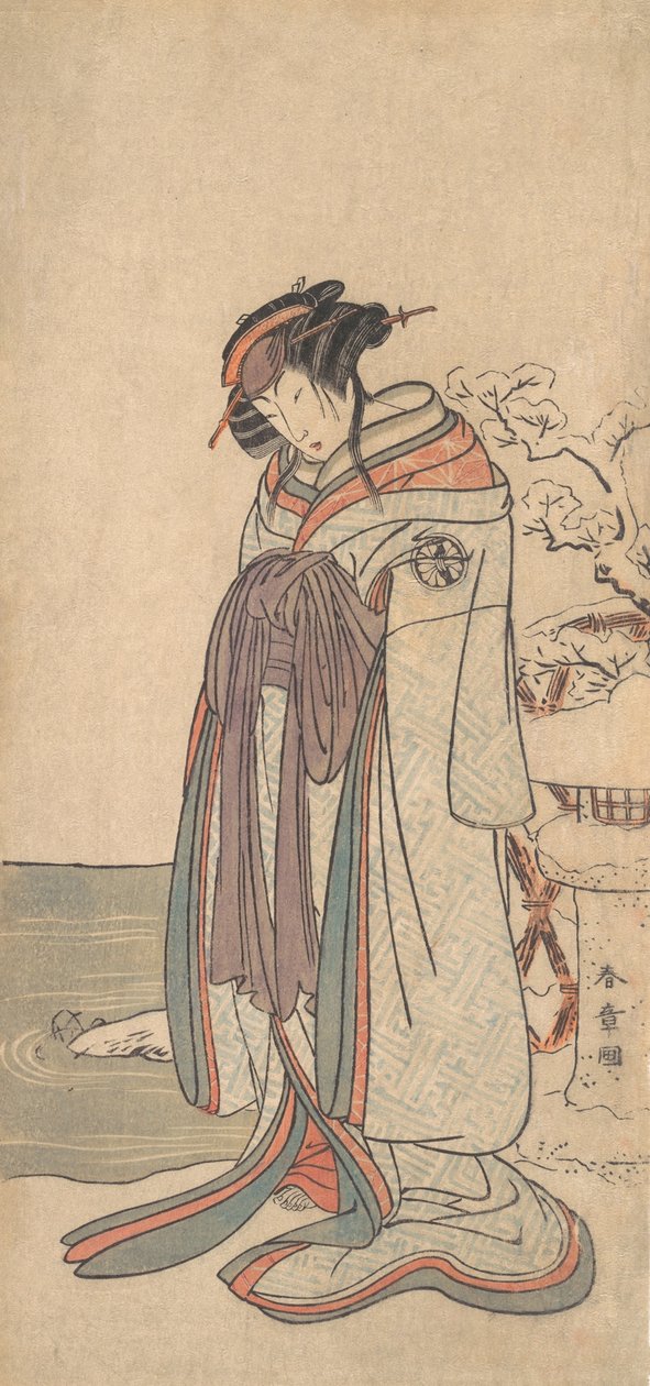 Der dritte Segawa Kikunojo als Kurtisane im Schnee stehend von Shunsho