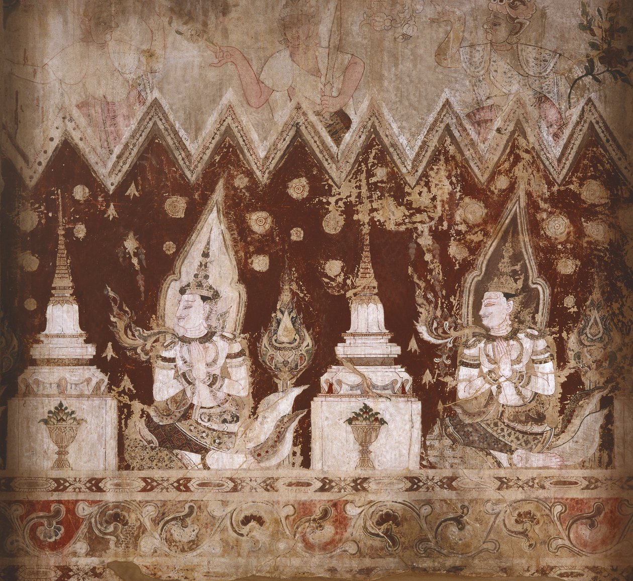 Detail der erhaltenen Wandmalereien von Siamese School