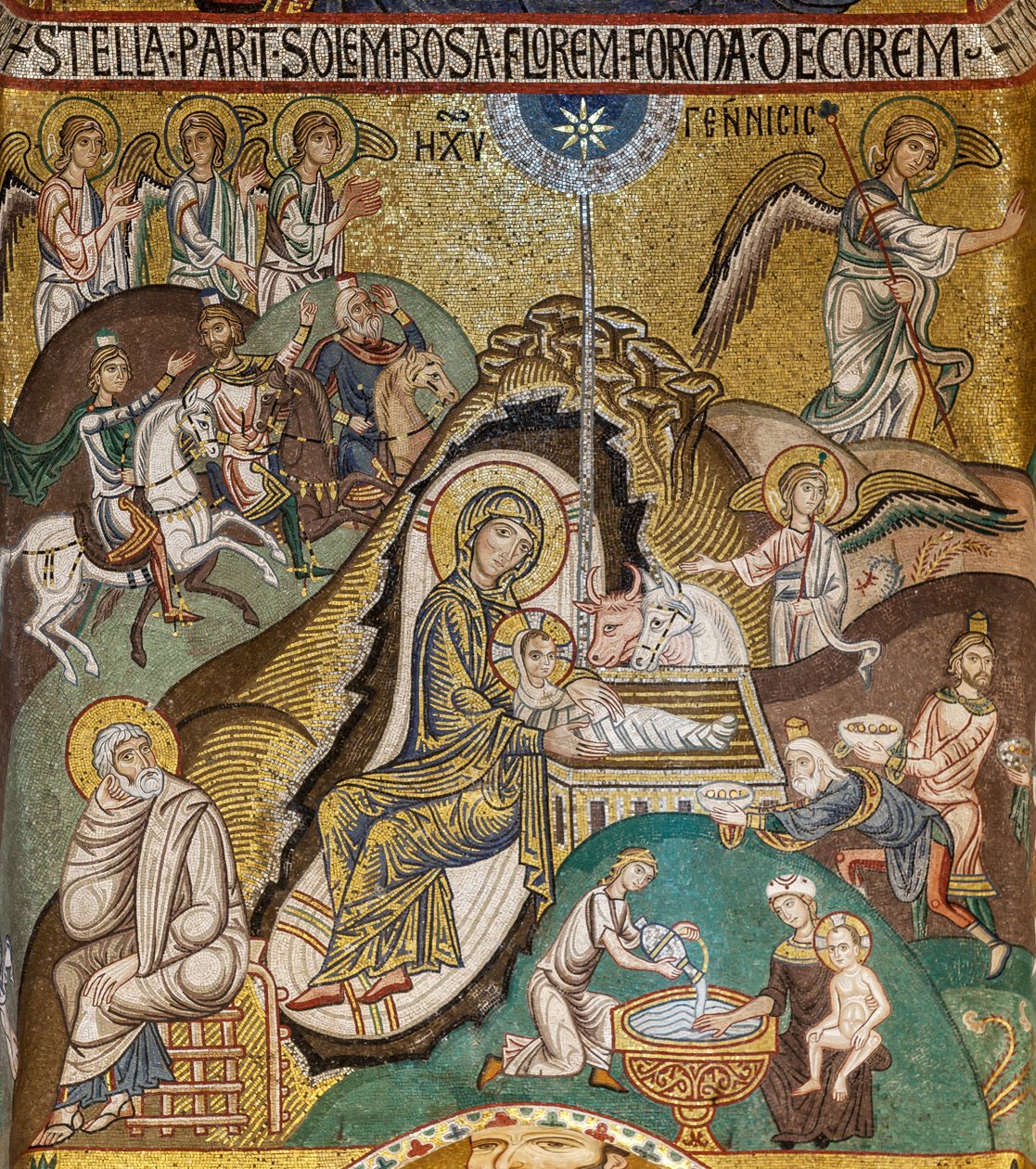 Die Palatinkapelle (Basilika), Südliche Apsis oder St. Pauls "Absidiola", Mosaiken: "Geburt Christi", XII. Jahrhundert von Sicilian School