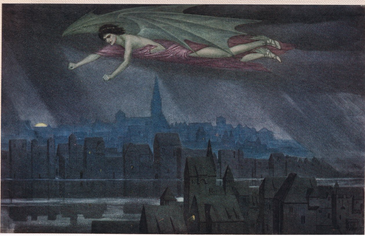 Luzifer fliegt über die Stadt. 