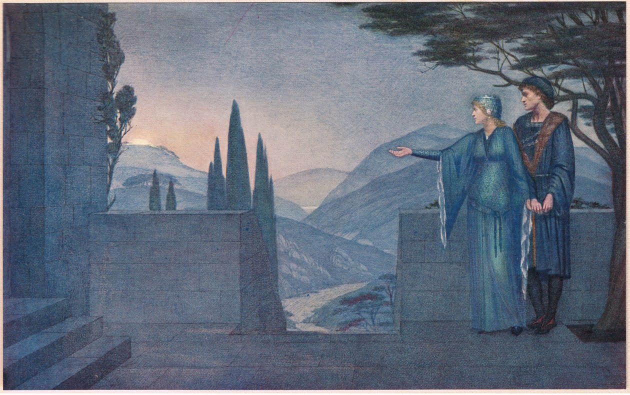 Der Prinz und Elsie. "Ach nicht so bald, sieh dort das Feuer, es ist der Mond, der langsam über den östlichen Hügel aufsteigt" von Sidney Meteyard