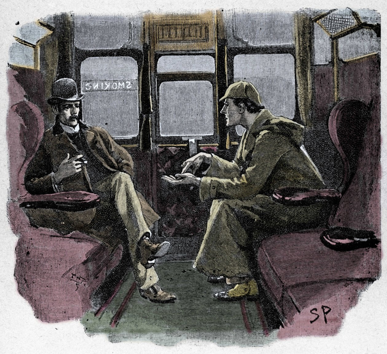 Silver Blaze: Sydney Pagets Illustration eines Sherlock-Holmes-Abenteuers. Der berühmte Detektiv wird mit Dr. Watson in einem Zug dargestellt. Veröffentlicht im „The Strand Magazine“. Geschichte von Conan Doyle. 1892. von Sidney Paget