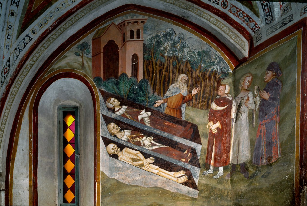Begegnung der Toten mit den Lebenden (Detail). Fresko der Schule von Siena. 14. Jahrhundert. Kloster von San Benedetto (Sacro Speco), Treppenhaus, Subiaco (Rom), Italien von Sienese School