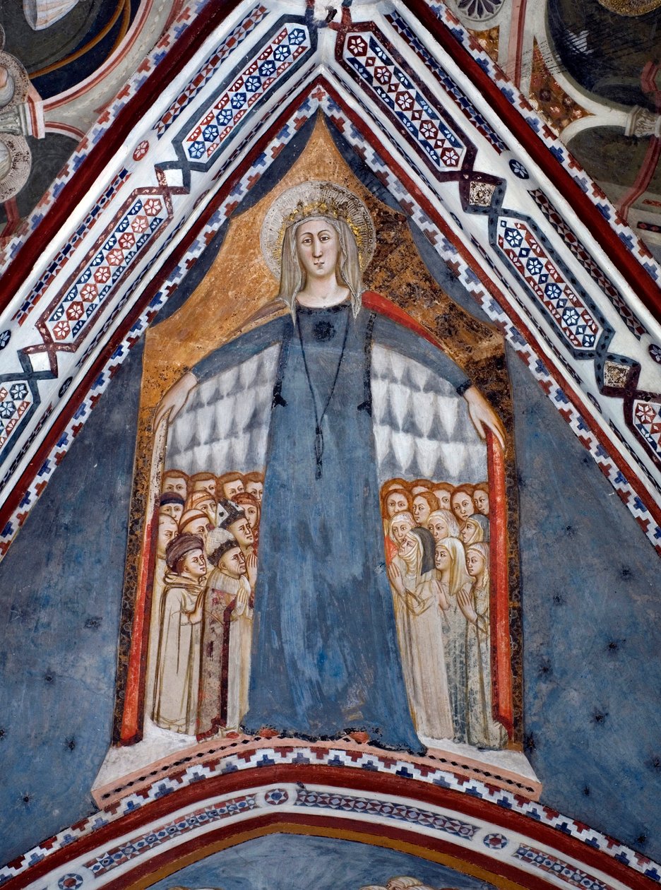 Darstellung der Jungfrau Maria, Mutter der Kirche. Fresko der Kapelle der Jungfrau, geschaffen von der Schule von Siena im 14. Jahrhundert - Kloster St. Benedetto (Sacro Speco), Subiaco (Rom), Italien von Sienese School