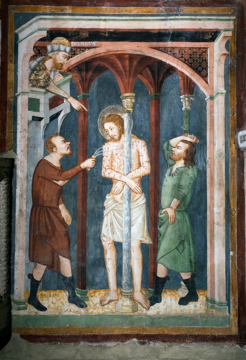 Die Geißelung (Fresko der Schule von Siena, 14. Jahrhundert, Oberkirche, Kloster von San Benedetto) von Sienese School