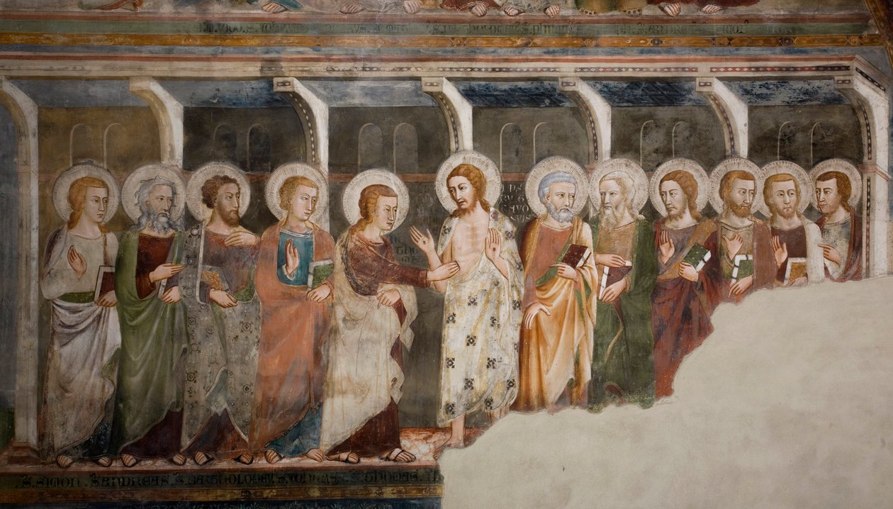 Der ungläubige Apostel Thomas. Fresko der Schule von Siena. 14. Jahrhundert. Obere Kirche. Kloster von San Benedetto (Sacro Speco), Subiaco (Rom), Italien von Sienese School