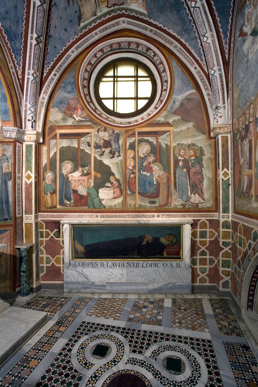 Die Geburt Christi und die Anbetung der Heiligen Drei Könige. Fresko der Schule von Siena. 14. Jahrhundert. Kapelle der Jungfrau. Kloster von Saint Benedetto (Sacro Speco), Subiaco (Rom), Italien von Sienese School