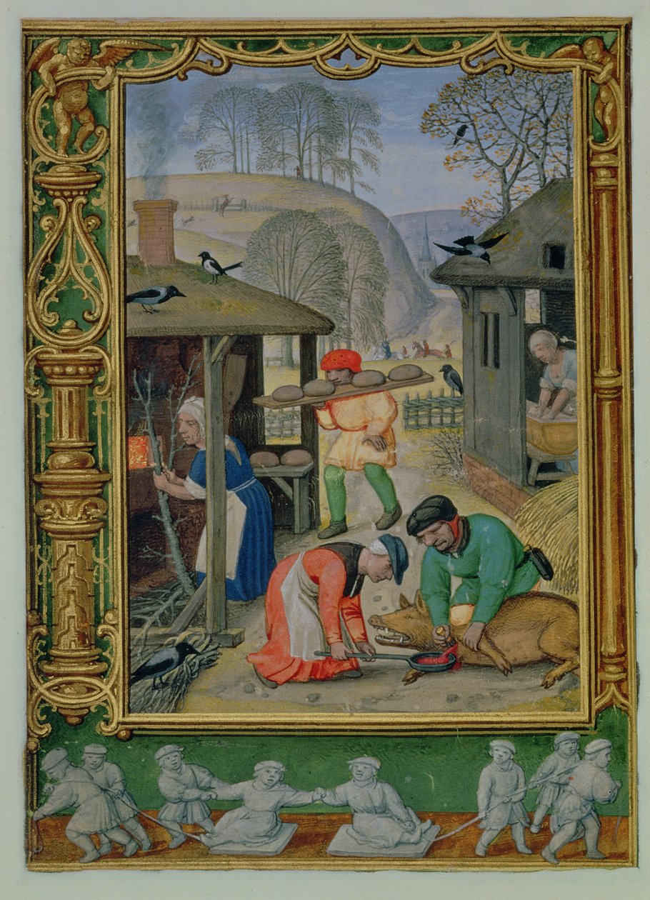 Dezember: Zubereitung von Lebensmitteln für den Winter, Brotbacken und Schweineschlachten, aus einem Stundenbuch, oder dem Golfbuch, ca. 1520-30 von Simon (workshop of) Bening