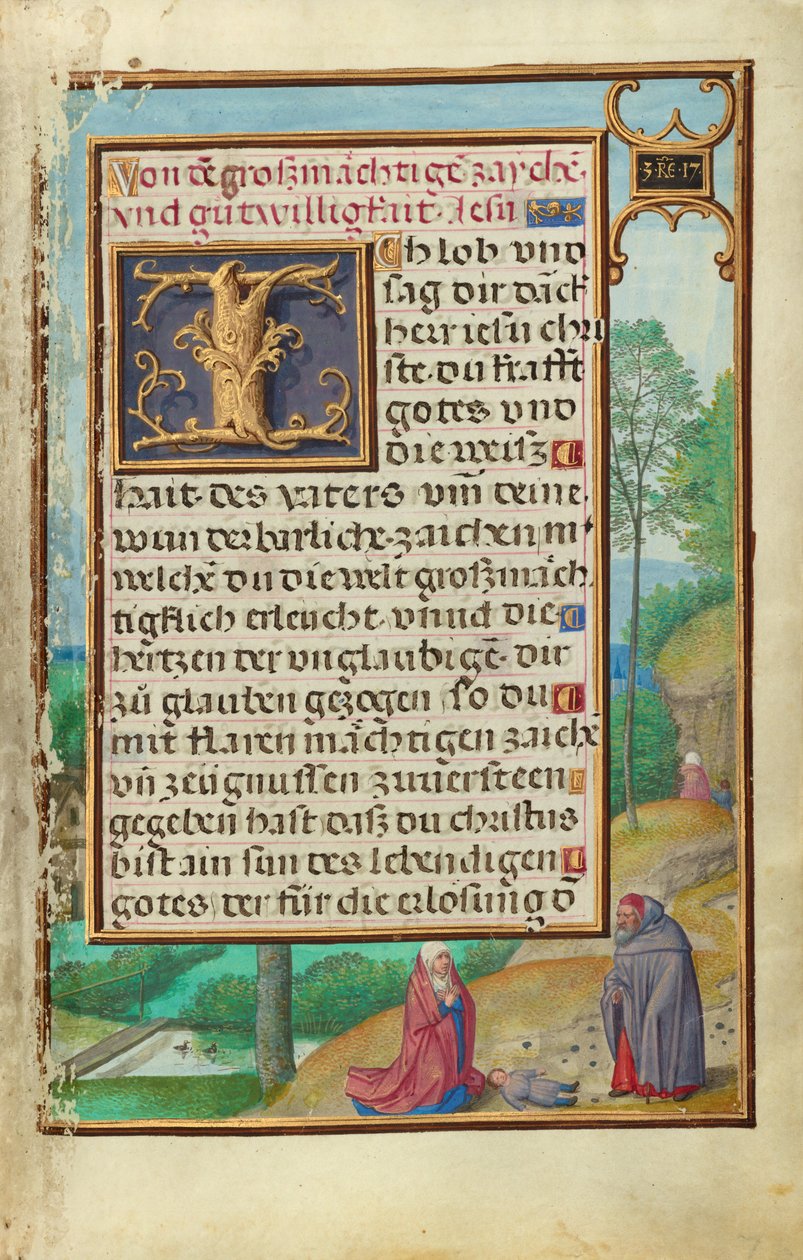 Bordüre mit Elia, der den Sohn der Witwe von Sarepta auferweckt von Simon Bening