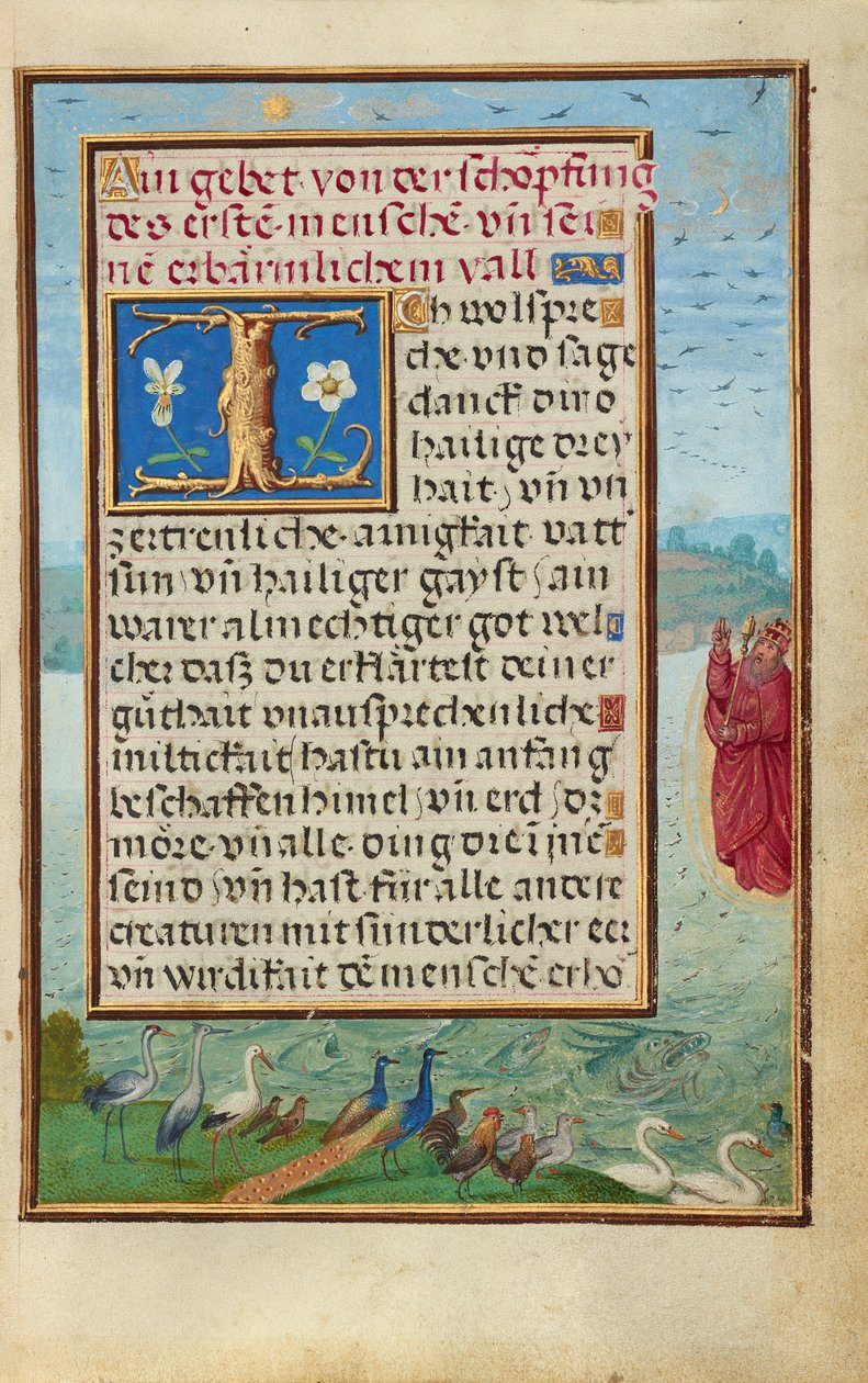 Bordüre mit der Erschaffung von Vögeln und Fischen von Simon Bening