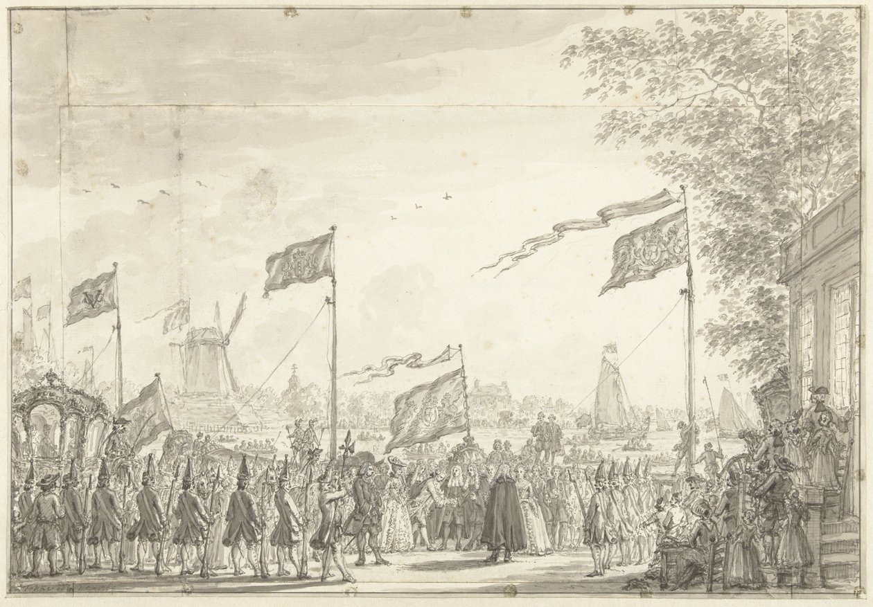 Abschied von Wilhelm V. und Gemahlin an der Buitenamstel, 1768 von Simon Fokke
