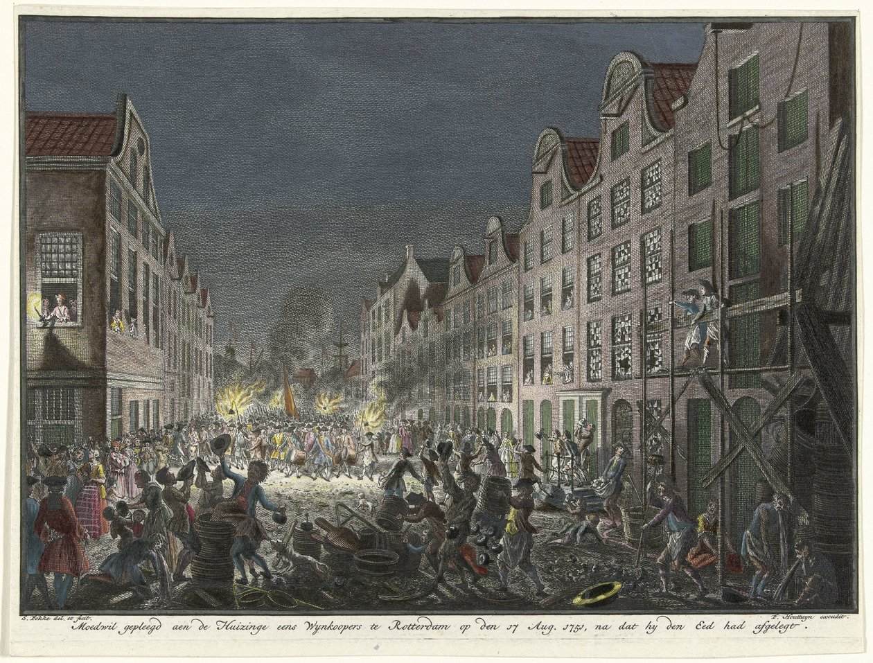Plünderung des Hauses eines Weinhändlers Gerrit Hagedooren in Rotterdam, 1751 von Simon Fokke
