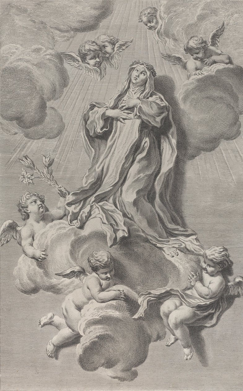 Die Ekstase der Heiligen Katharina von Siena, kniend auf einer Wolke, getragen von Engeln, 1729-40 von Simon Francois Ravenet