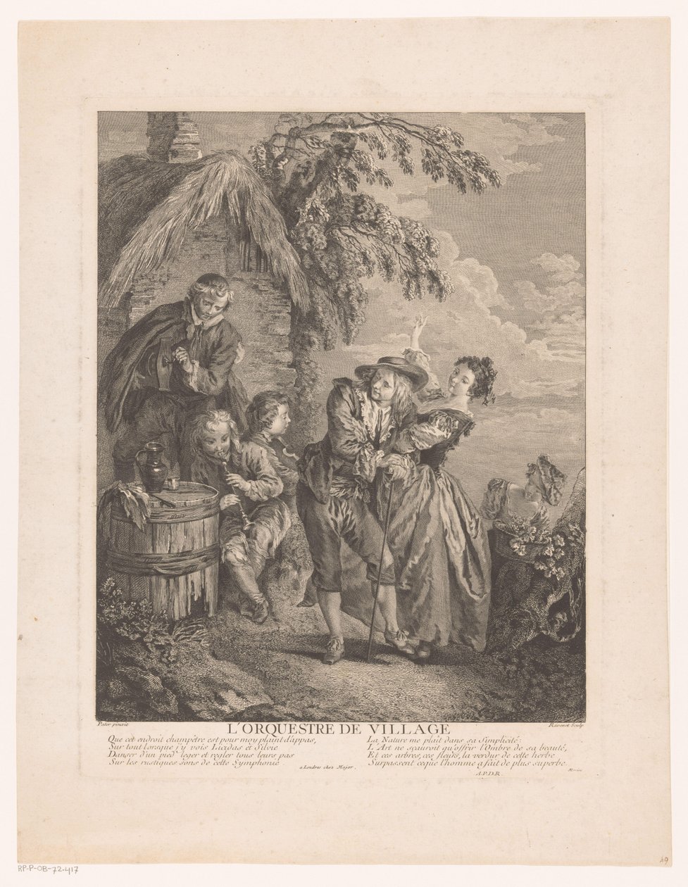 Drei Musiker bei einem Haus, davor ein tanzendes Paar von Simon François Ravenet (le vieux)