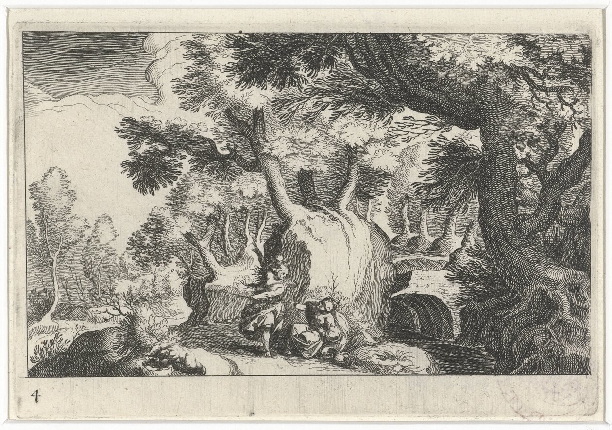 Waldlandschaft mit Hagar und Ismael von Simon Frisius