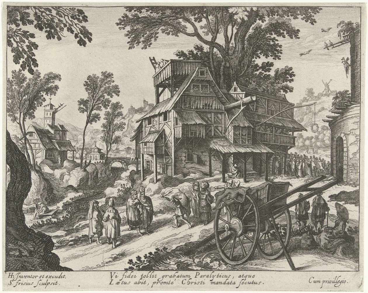 Dorfszene mit der Heilung eines Gelähmten von Simon Frisius