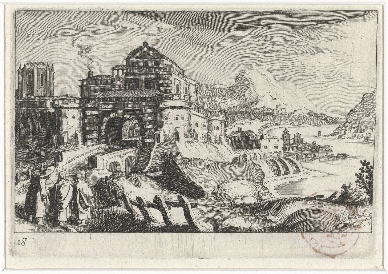 Emmausjünger vor einem Stadttor in einer Berglandschaft von Simon Frisius