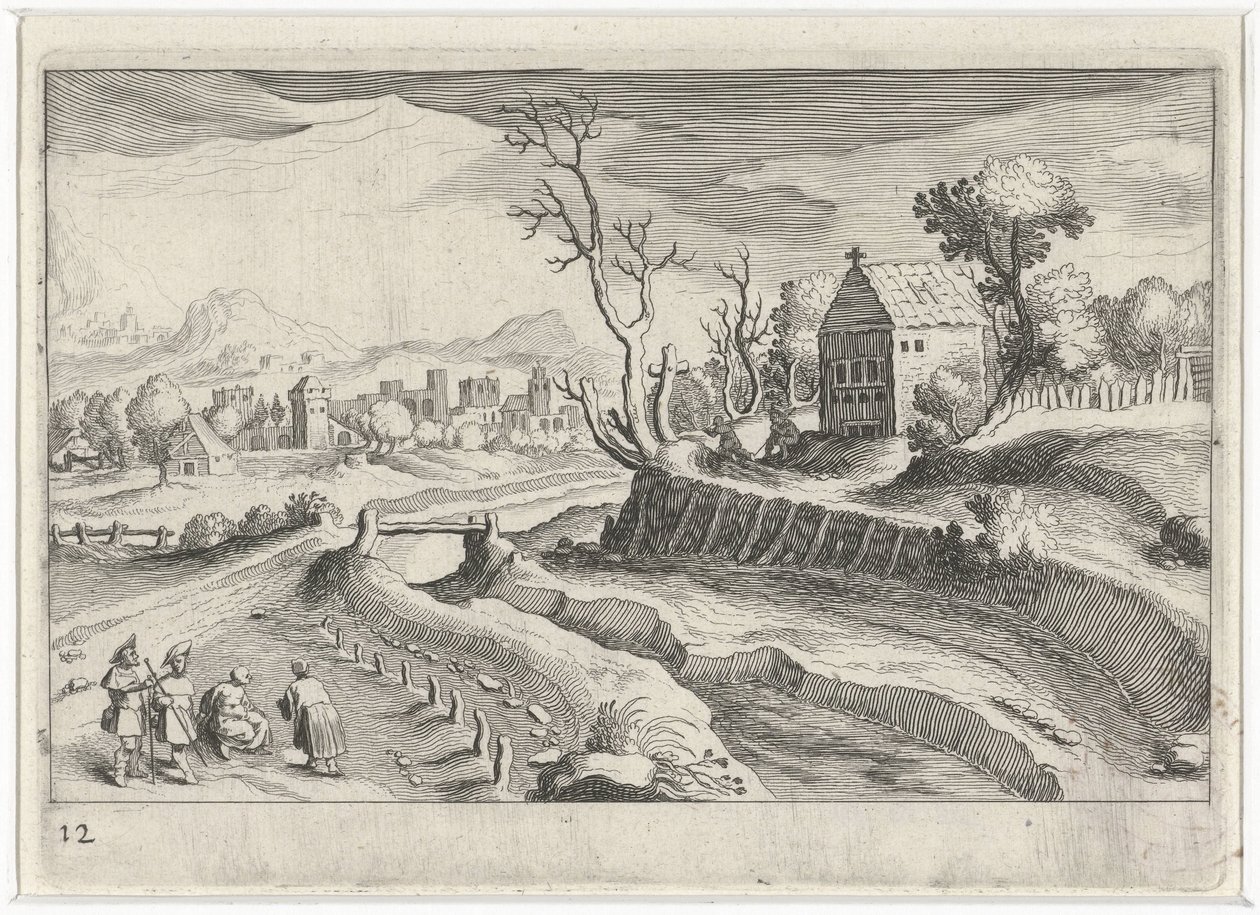 Hügellandschaft mit einer Kapelle von Simon Frisius