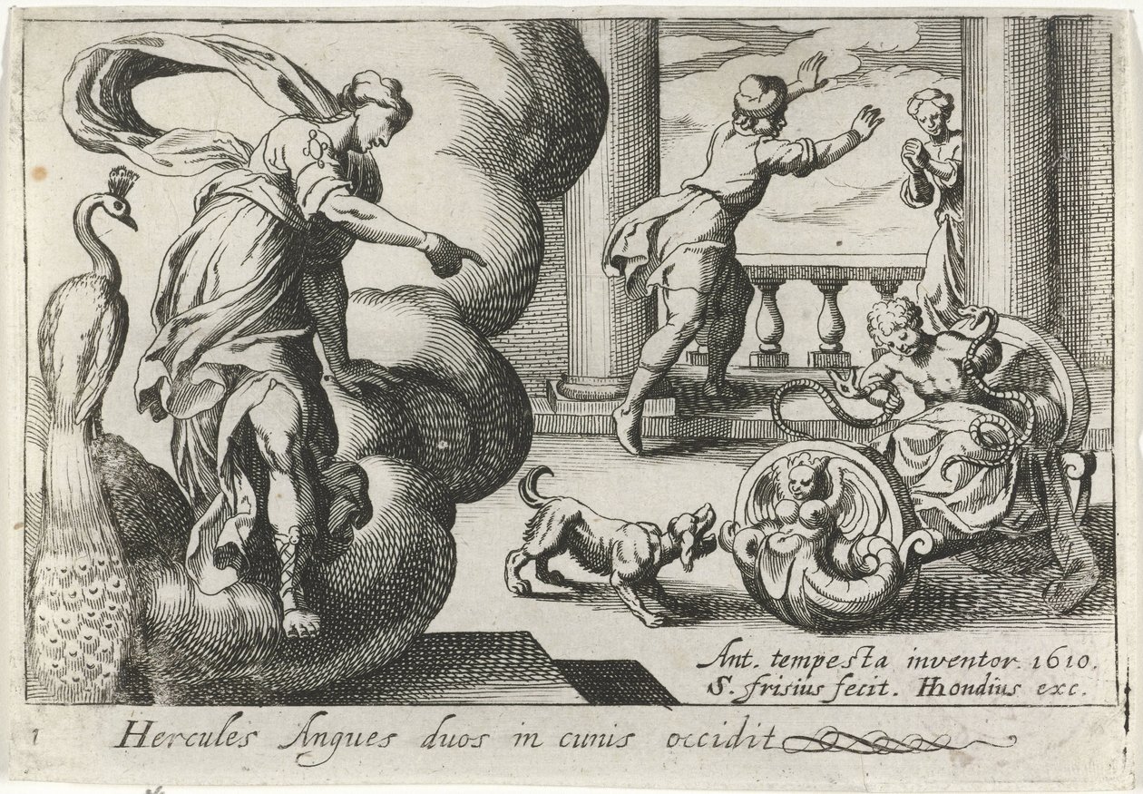 Junger Herkules erwürgt zwei Schlangen (Hercules Angues duos in cunis occidit) (Herkulische Themen) von Simon Frisius