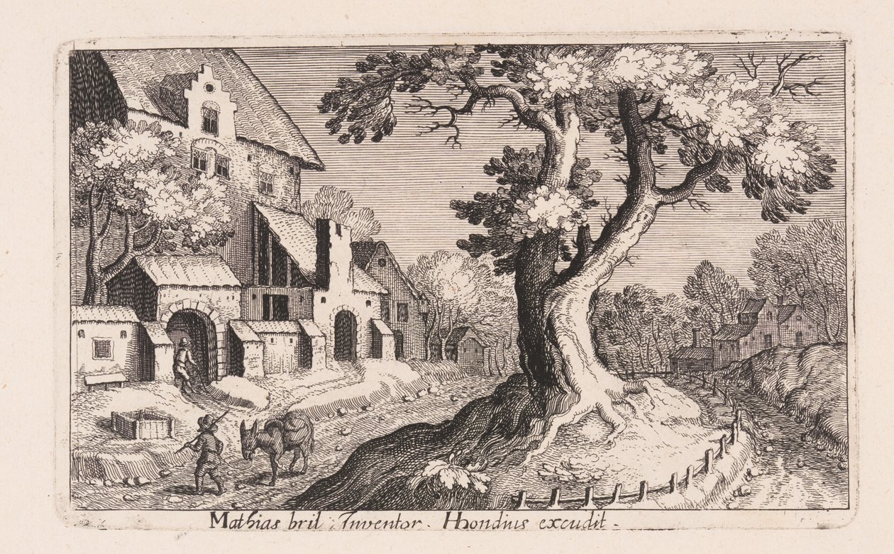 Mann mit einem Esel, der an einem Dorf vorbeigeht, aus Topographia Variarum Regionum von Simon Frisius