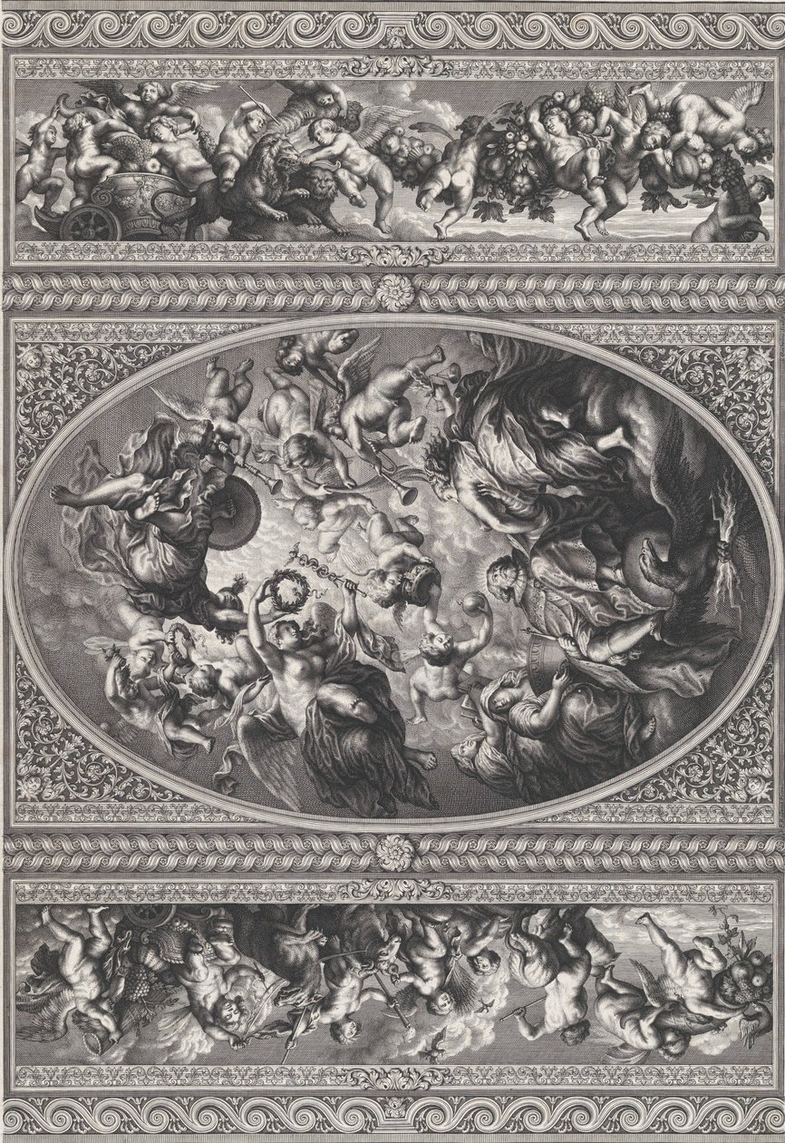 Die Apotheose von James I in einem ovalen Zentrum, Friese mit Putti und Girlanden von Simon Gribelin