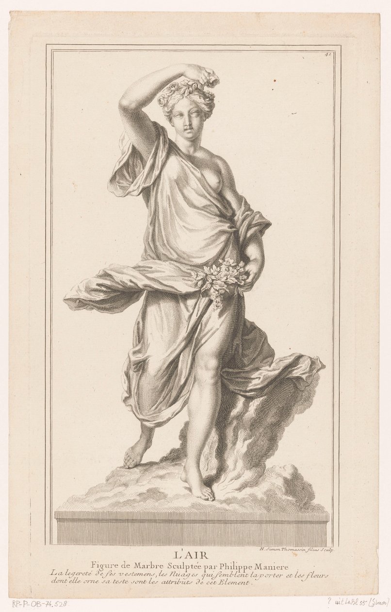 Skulptur einer jungen Frau auf einer Wolke mit Rosen in der Hand von Simon Henri Thomassin