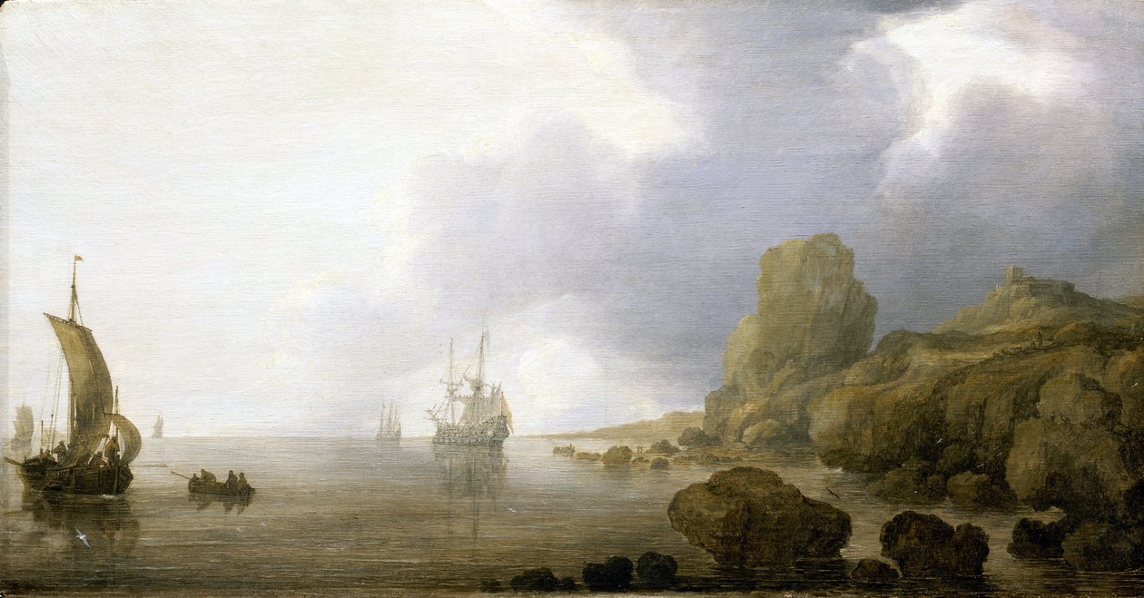 Boote in den flachen Gewässern einer felsigen Bucht, eine romantische und idealisierte Vision von Simon Jacobsz. Vlieger
