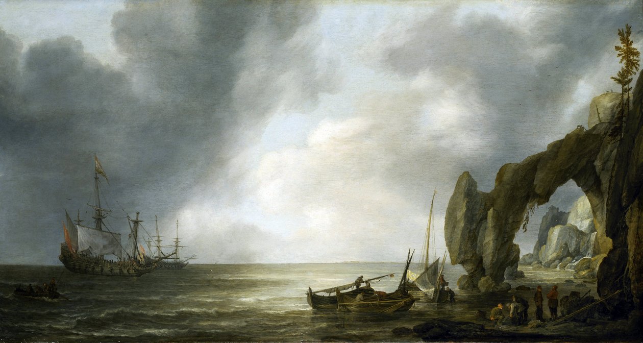 Niederländische Kriegsschiffe vor einer felsigen Küste, einige Besatzungsmitglieder an Land um Fischkörbe versammelt von Simon Jacobsz. Vlieger
