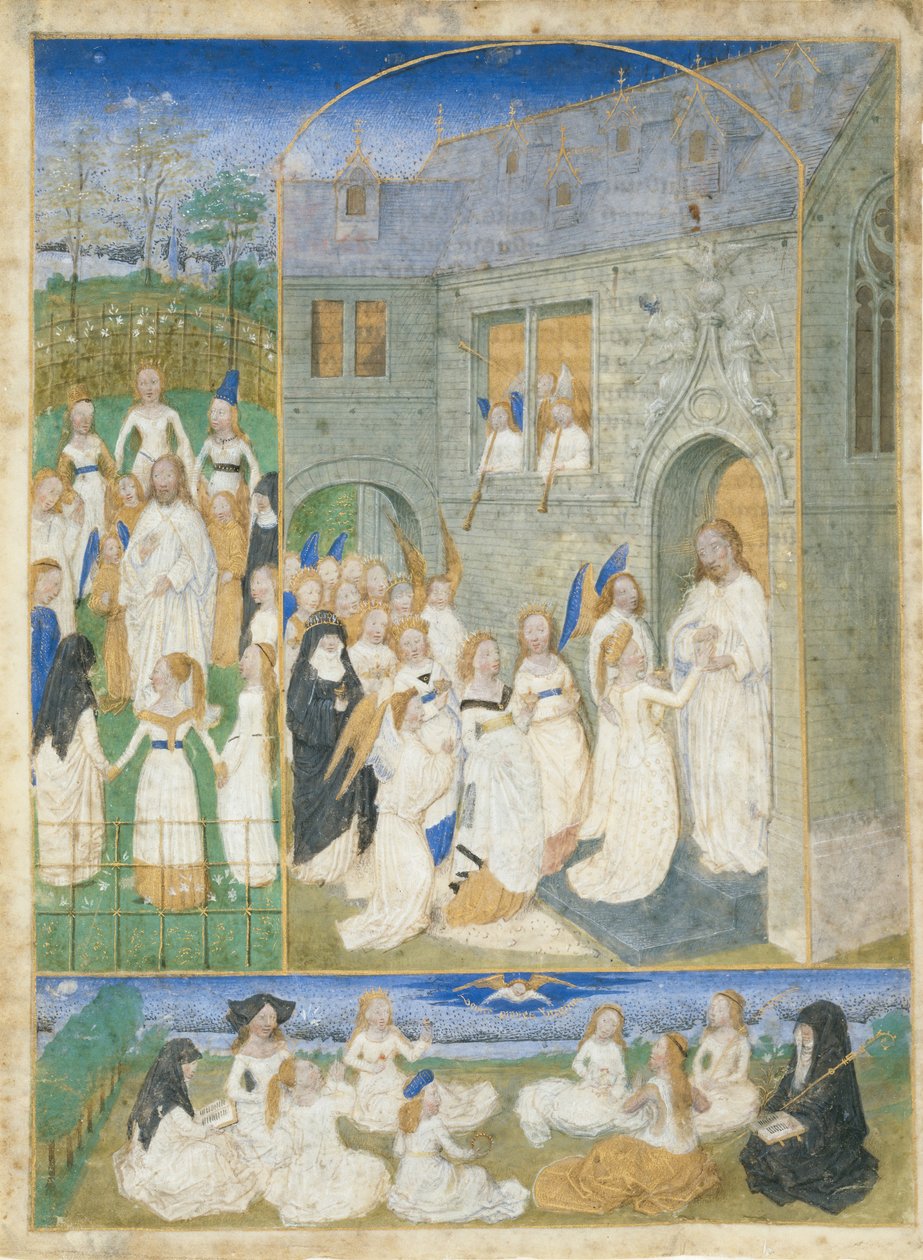 Die heiligen Jungfrauen werden von Christus begrüßt, als sie die Tore des Paradieses betreten von Simon Marmion