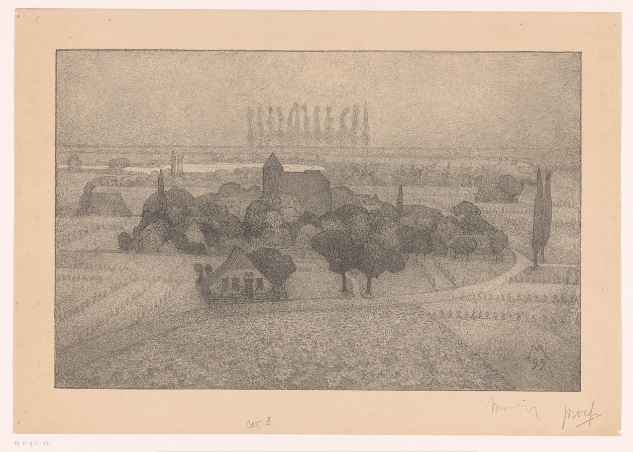 Landschaft mit Dorf an einem Fluss (Schemering) von Simon Moulijn (signed by artist)
