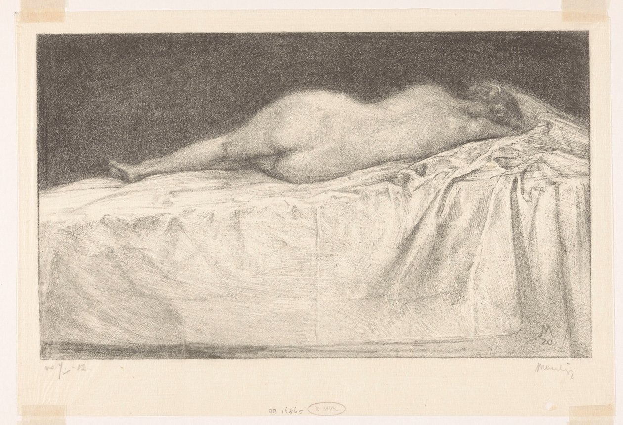 Nackte Frau liegend auf Bett von Simon Moulijn (signed by artist)