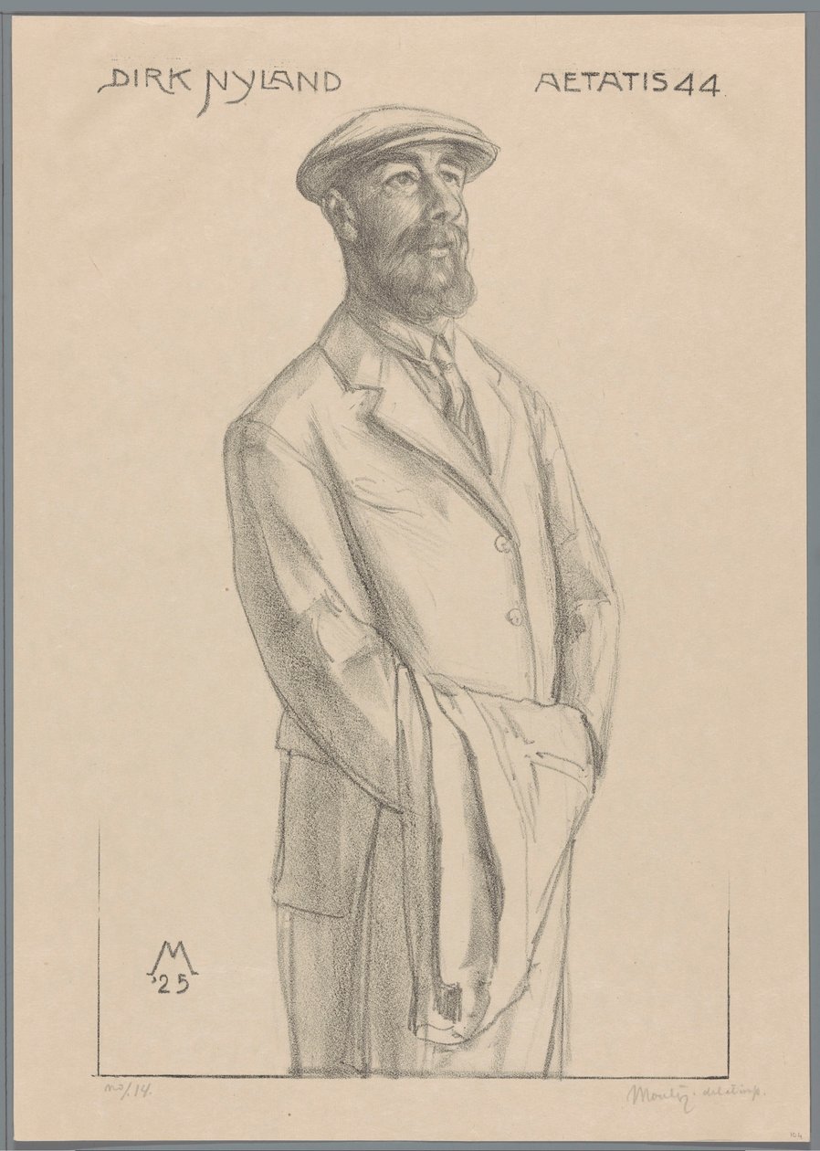 Porträt von Dirk Hidde Nijland mit Mantel über dem Arm von Simon Moulijn (signed by artist)