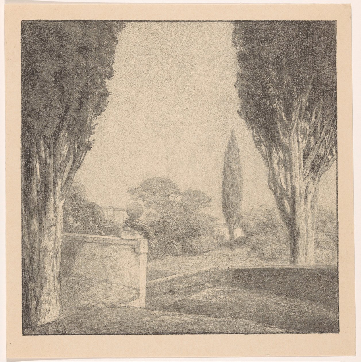 Landschaft mit Mauer und Zypresse von Simon Moulijn