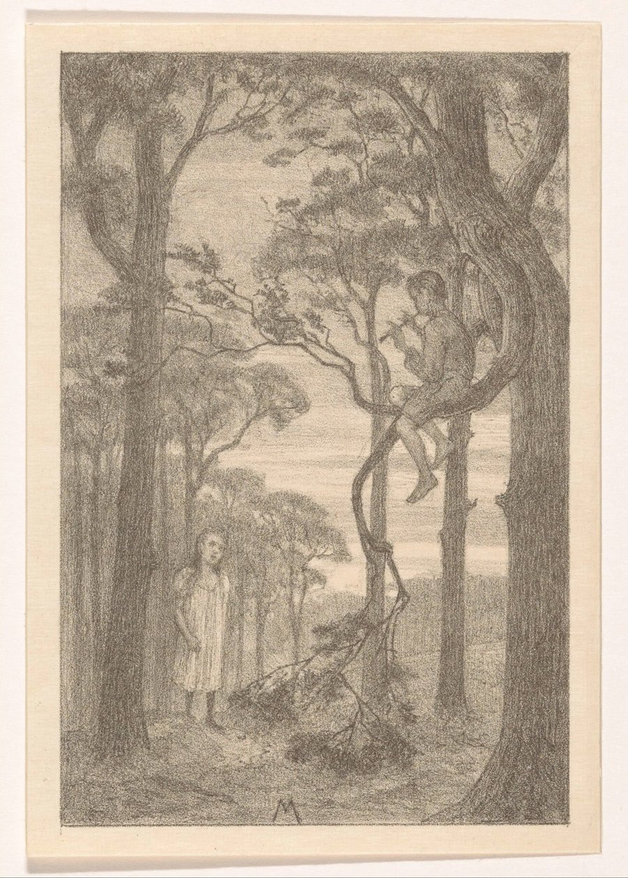 Mädchen und Flötenspieler im Wald von Simon Moulijn