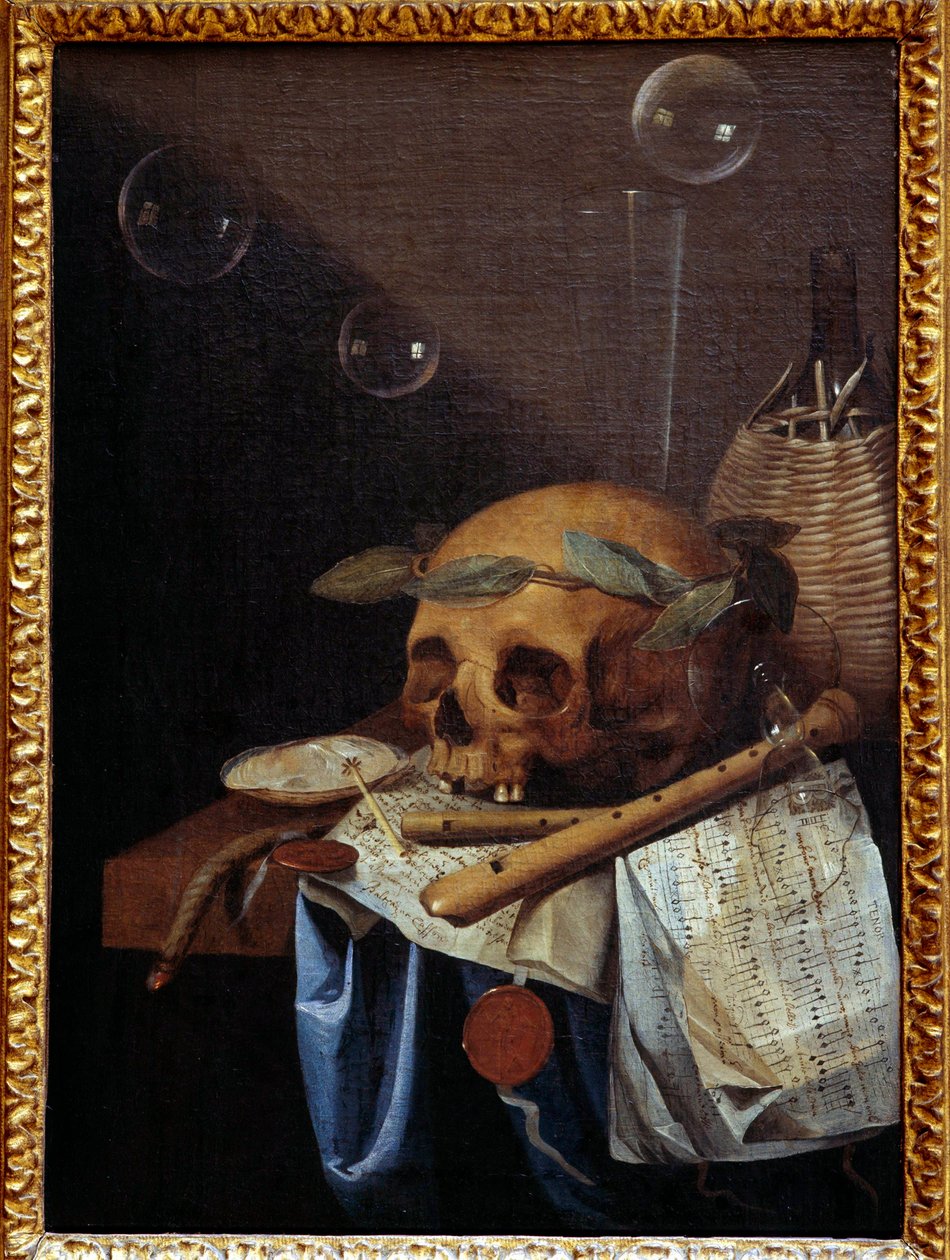Vanitas-Stillleben mit Schädel, Lorbeerkranz, Flöten, Partitur und Weinkrug von Simon Renard de Saint-Andre