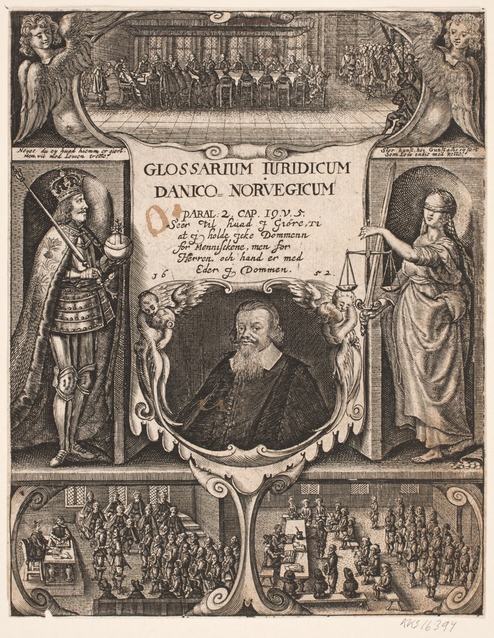 Titelblatt mit Porträt von C.O. Veile zu "Glosarium juridicum Danico - Norvegicum", 1652 von Simon de Pas