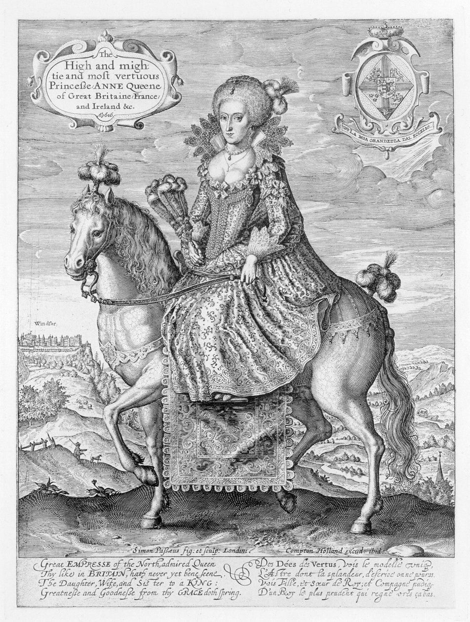 Reiterporträt von Anne von Dänemark (1574-1619) graviert vom Künstler, veröffentlicht von Compton Holland, 1616 von Simon de Passe