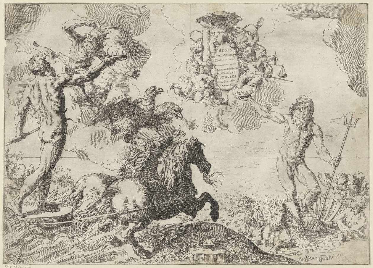 Jupiter, Neptun und Pluto bieten ihre Krone dem Wappen von Kardinal Scipione Borghese an von Simone Cantarini