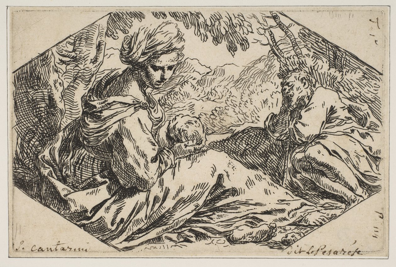 Ruhe in Ägypten, Maria hält und betrachtet das Jesuskind, während St. Joseph, ca. 1637-1639 von Simone Cantarini
