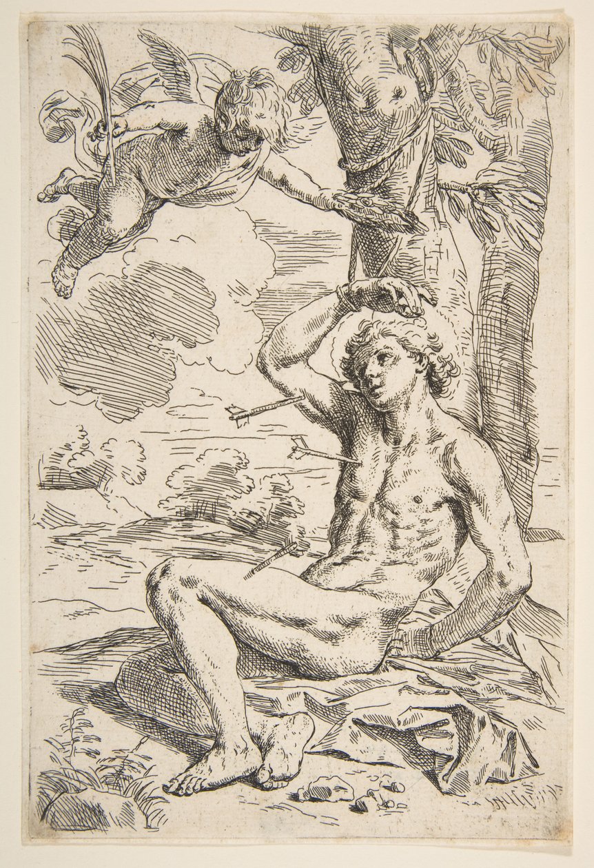Heiliger Sebastian, mit Pfeilen durchbohrt und an einen Baum gebunden von Simone Cantarini