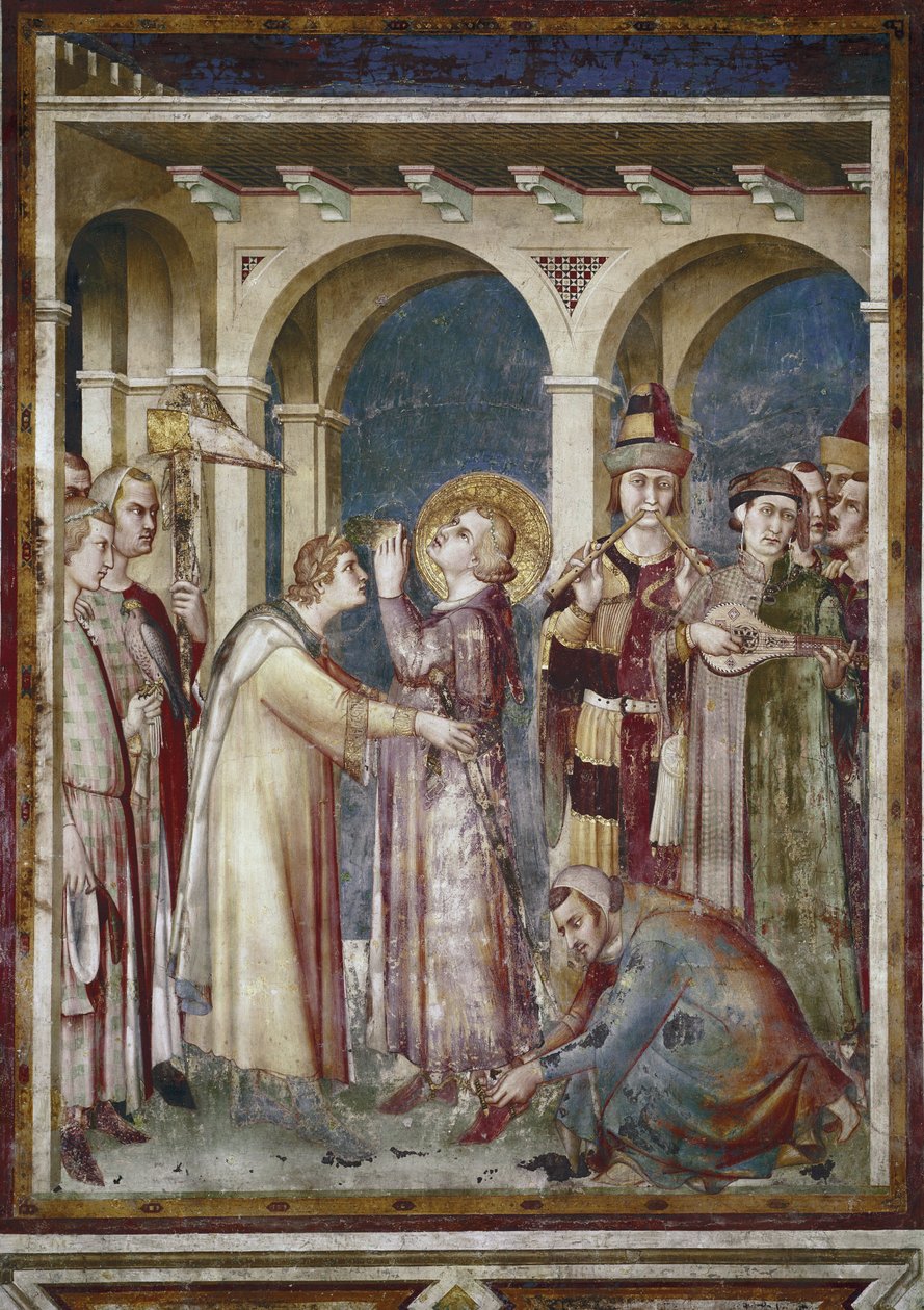 Fresko des Lebens des Heiligen Martin. Der Heilige Martin als Ritter, Detail. Der Bischof Saint Martin de Tours und die Musiker. Gemälde von Simone Martini von Simone Martini