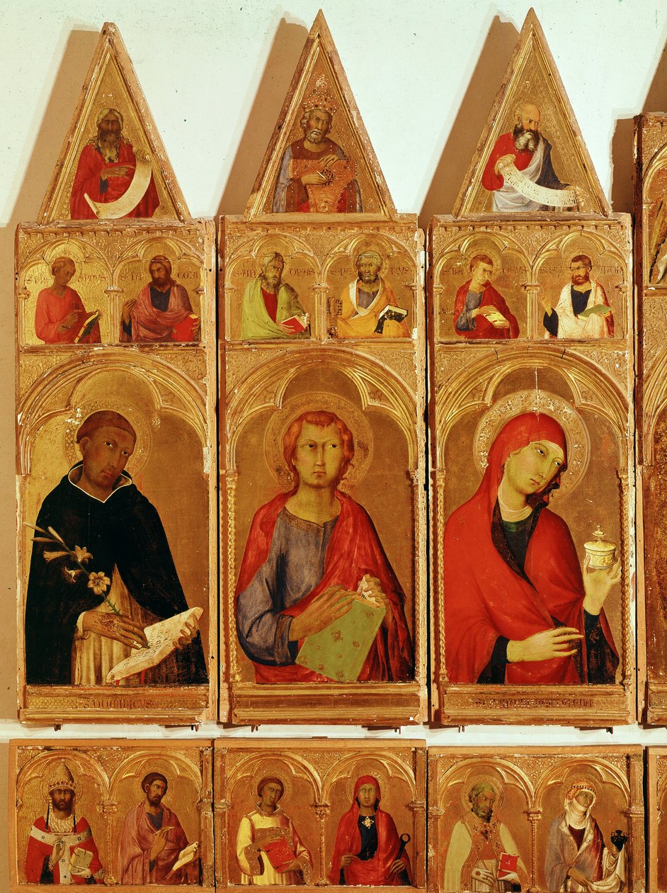 Heiliger Dominikus, Heiliger Johannes Evangelist, Heilige Maria Magdalena. Detail des Polyptychons der Heiligen Katharina von Alexandria von Simone Martini