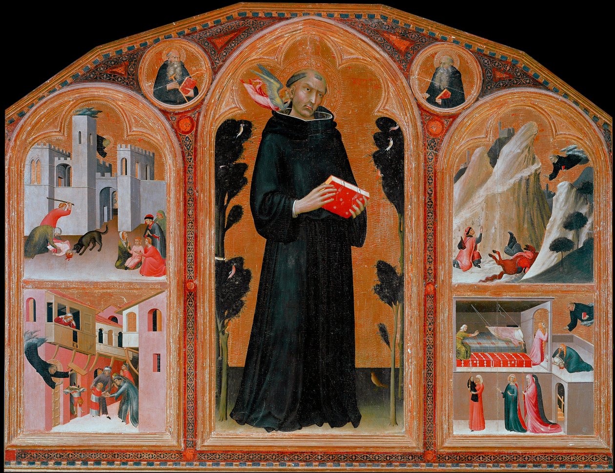 Der italienische Mönch Agostino Novello, genannt Panormitano, und die Darstellung von vier seiner Wunder. Von links nach rechts und von oben nach unten: das Kind wird von einem Wolf angegriffen, der Ritter stürzt in die Schlucht, das Kind fällt vom Balkon, von Simone Martini