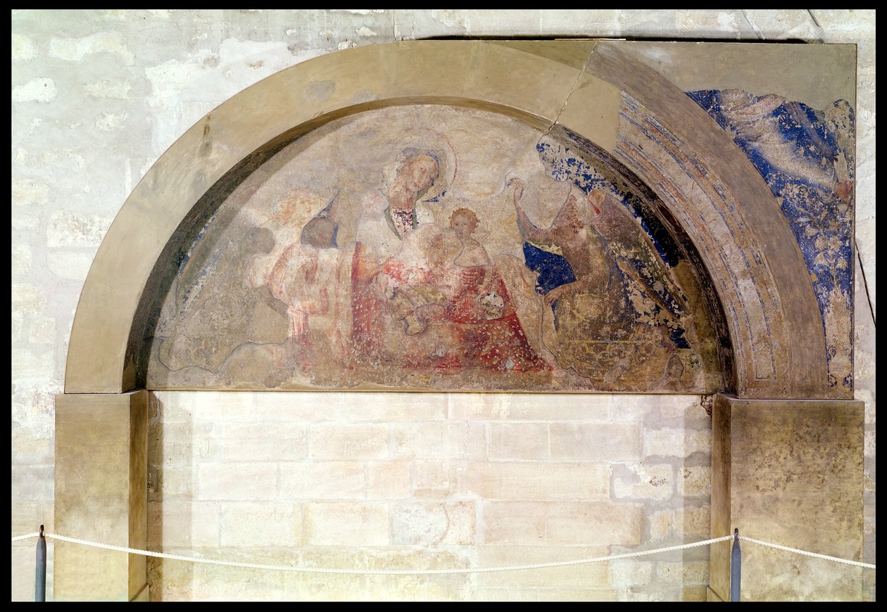Tympanon, das die Jungfrau der Demut mit dem Christuskind umgeben von Engeln darstellt, 1341 von Simone Martini