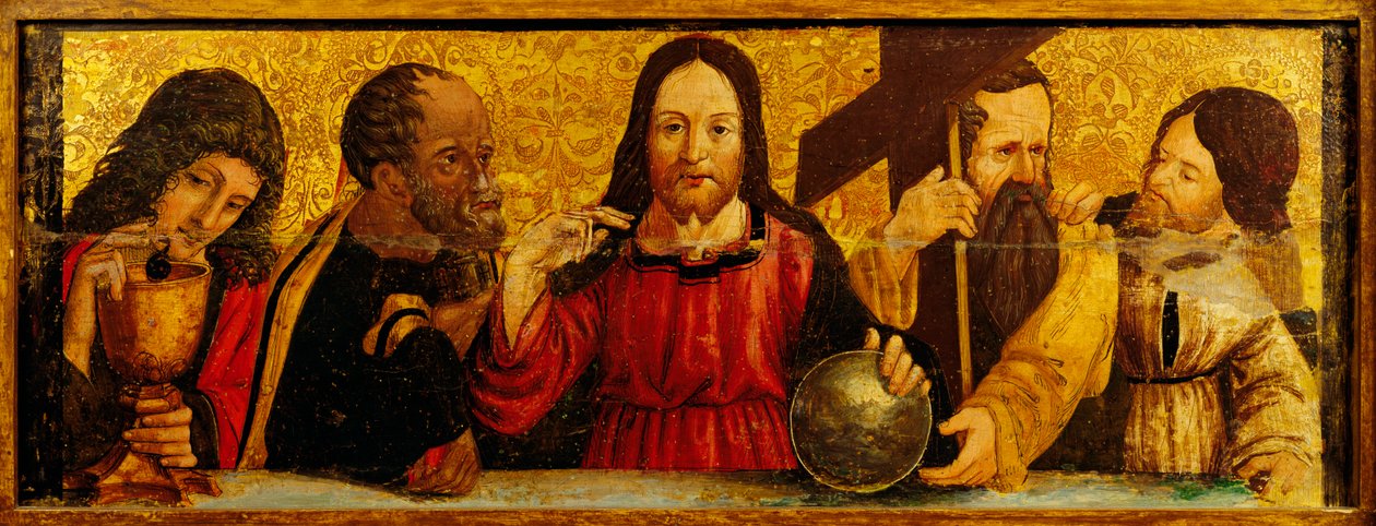 Das letzte Abendmahl, Detail aus der Predella eines Polyptychons von Simone da Firenze, Malerei auf Holz, Kirche der Heiligen Peter und Paul, San Chirico Raparo, Potenza, Italien (Detail) von Simone da Firenze