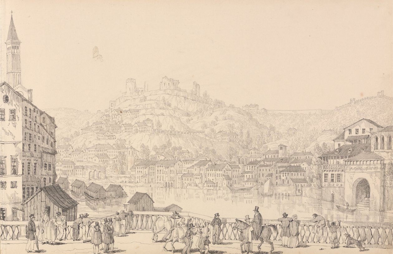 Album mit 30 Ansichten in Tirol und Italien: Stadt Verona und Schloss San Pietro von einer anderen Brücke, 1. Nov. 1840 von Sir Charles D