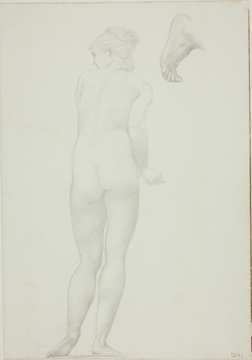 Rückansicht einer stehenden nackten Frau und Skizze eines Fußes von Sir Edward Burne Jones